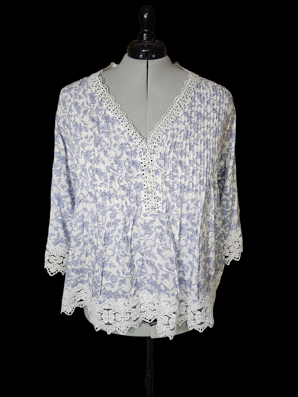 White Top with Blue Floral Print and Lace Trim